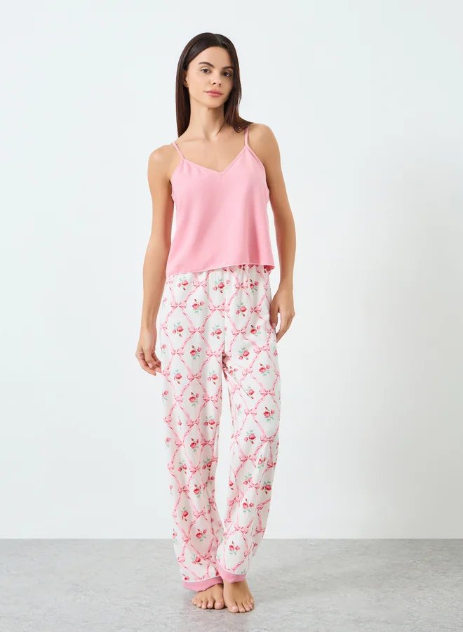 Take Two Women Solid Cami Top and Floral Printed Pyjama Set